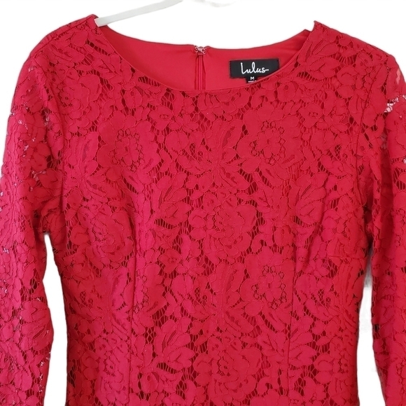 Lulu's Mini Dress Medium Red Flair-est of Them All Lace Flounce Sleeve Zip NWT - Picture 3 of 12